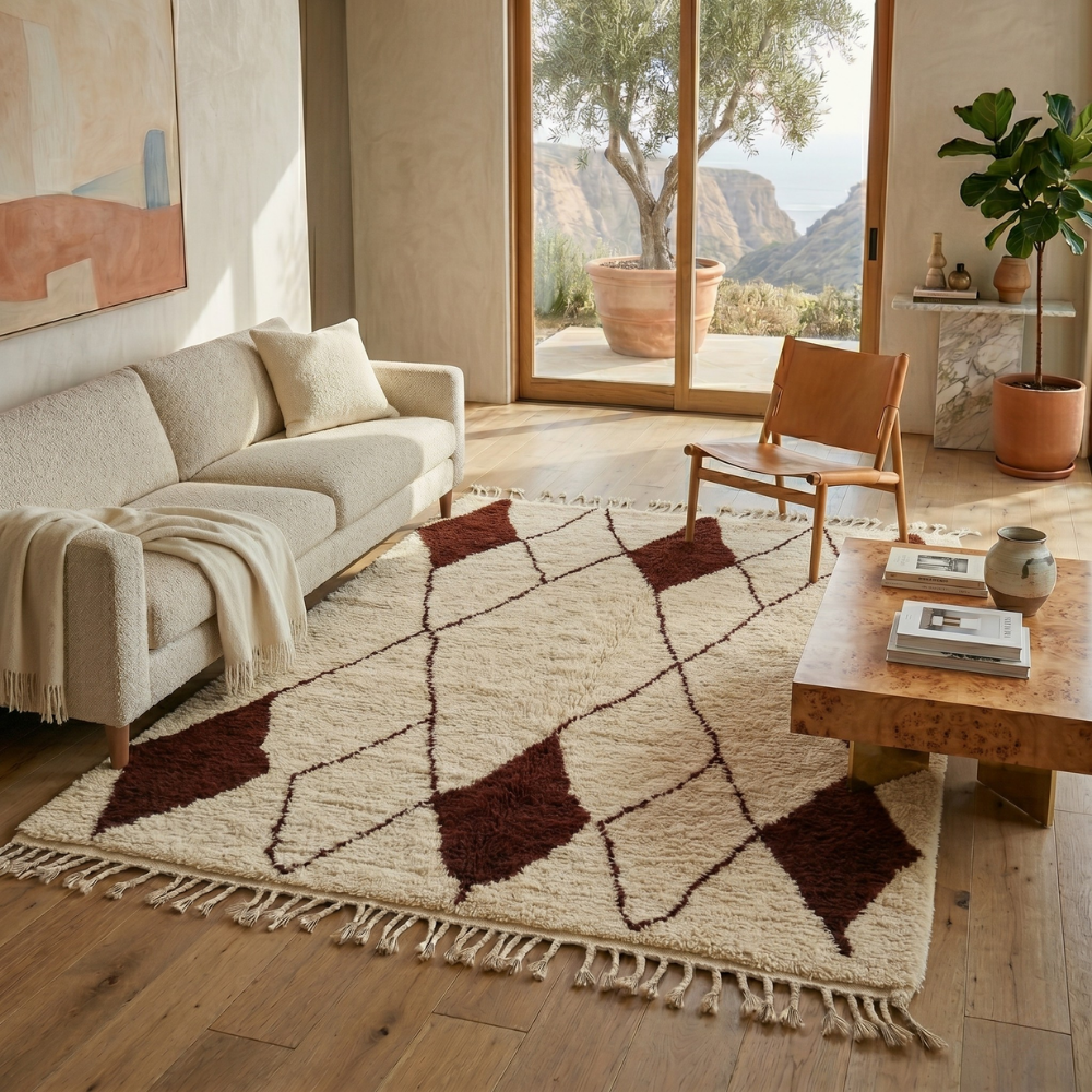 Beni Ourain diamond rug with burgundy accents in a sunlit modern living room
