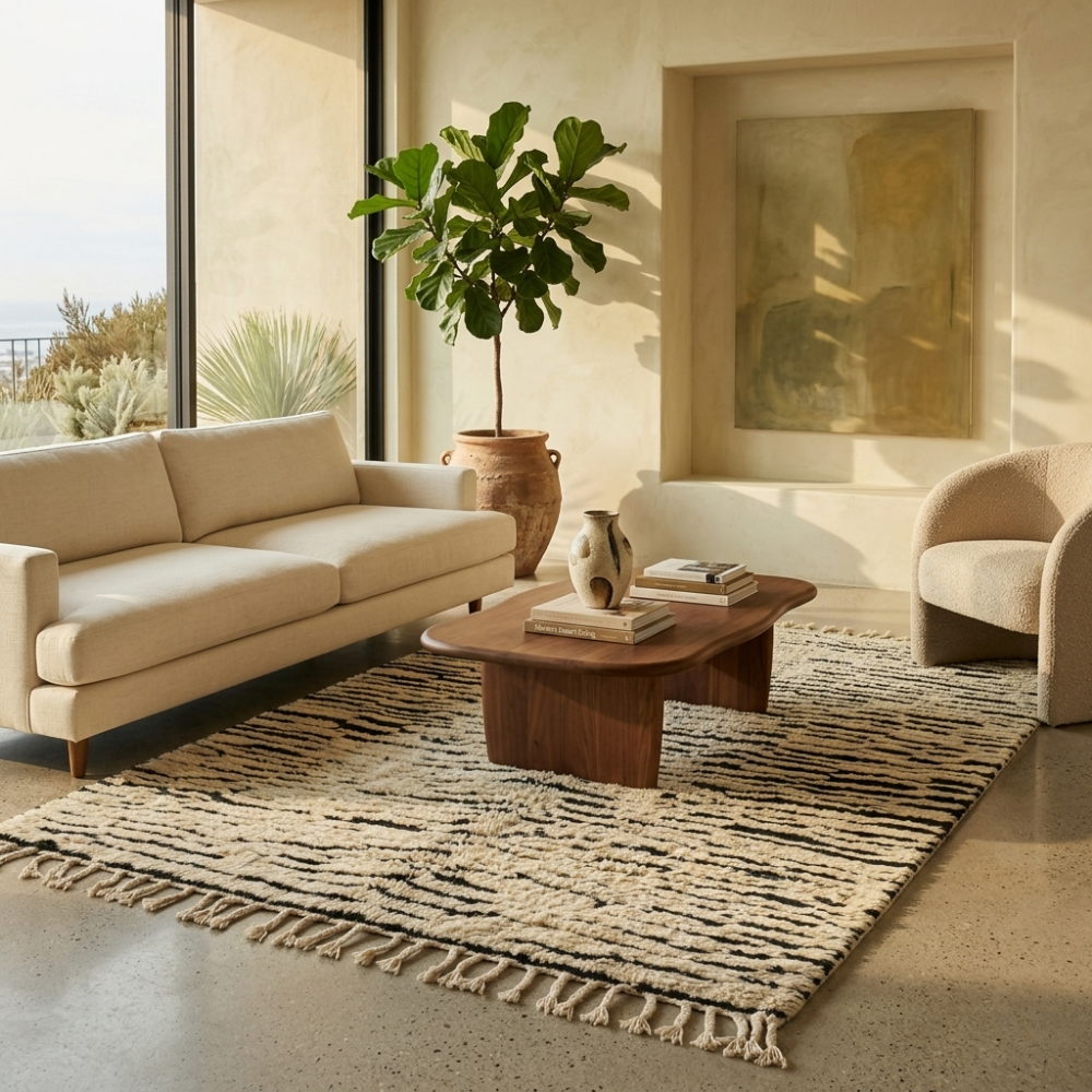 Ivory and black striped Beni Ourain rug in a modern living room