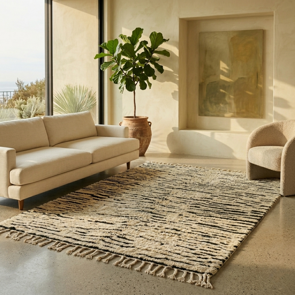 Graphic black and white Beni Ourain stripe rug in a bright contemporary room
