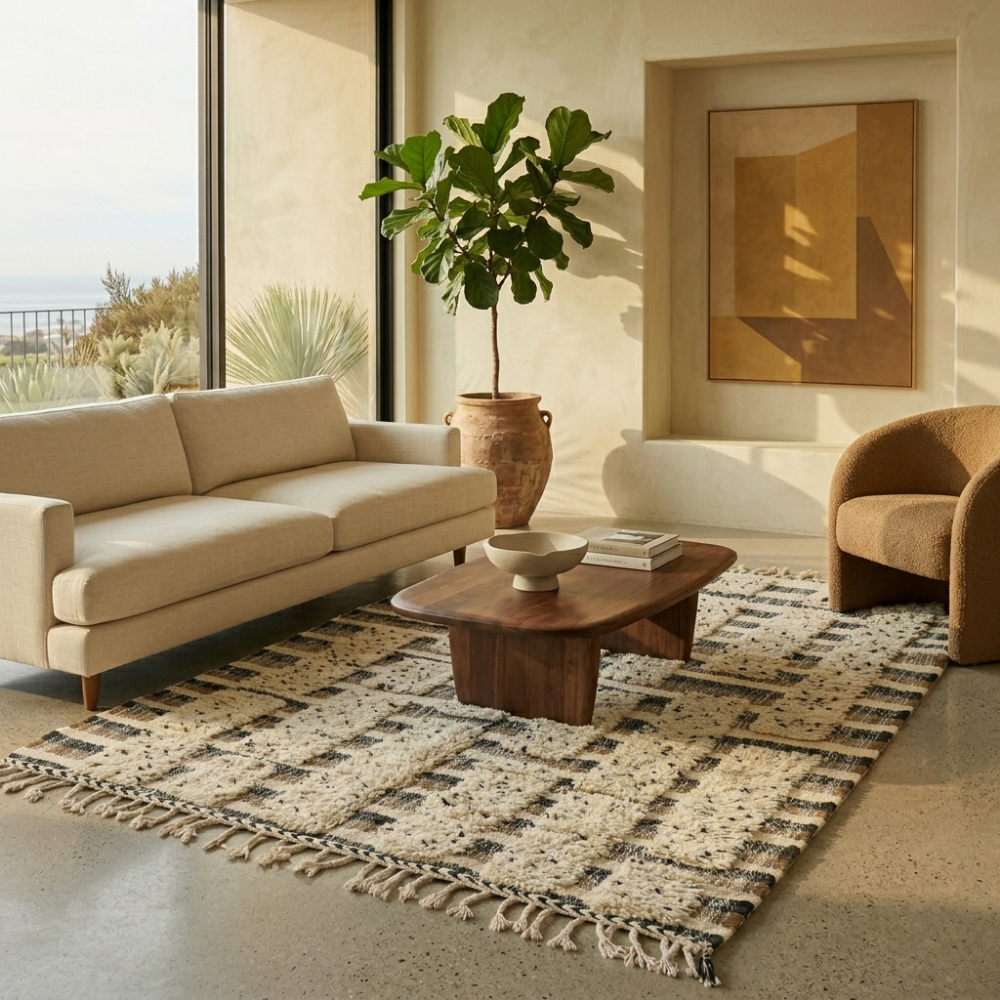 Ivory and black block grid Beni Ourain rug in a modern living room
