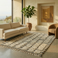 Graphic black and white block Beni Ourain rug in a bright contemporary room