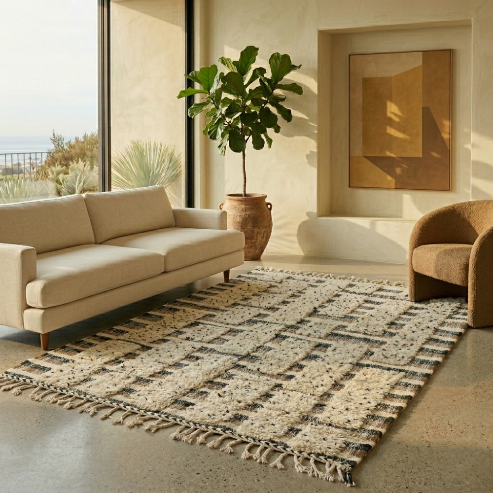 Graphic black and white block Beni Ourain rug in a bright contemporary room