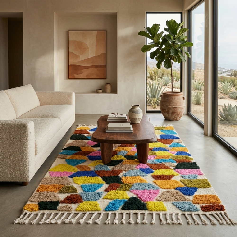 Colourful mosaic Beni Ourain rug in a bright modern living room