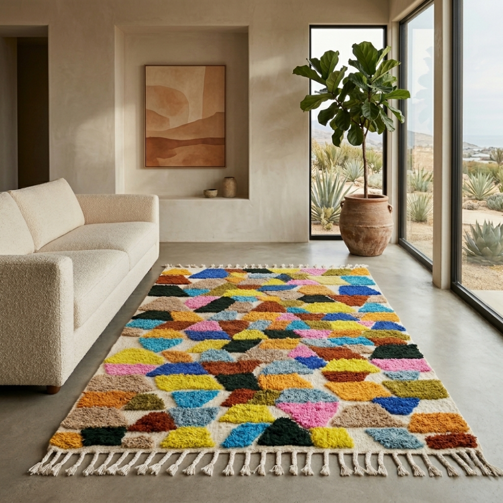 Multicolor polygon Beni Ourain rug adding colour to a contemporary room