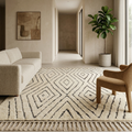 Ivory and black diamond lattice Beni Ourain rug in a bright contemporary room