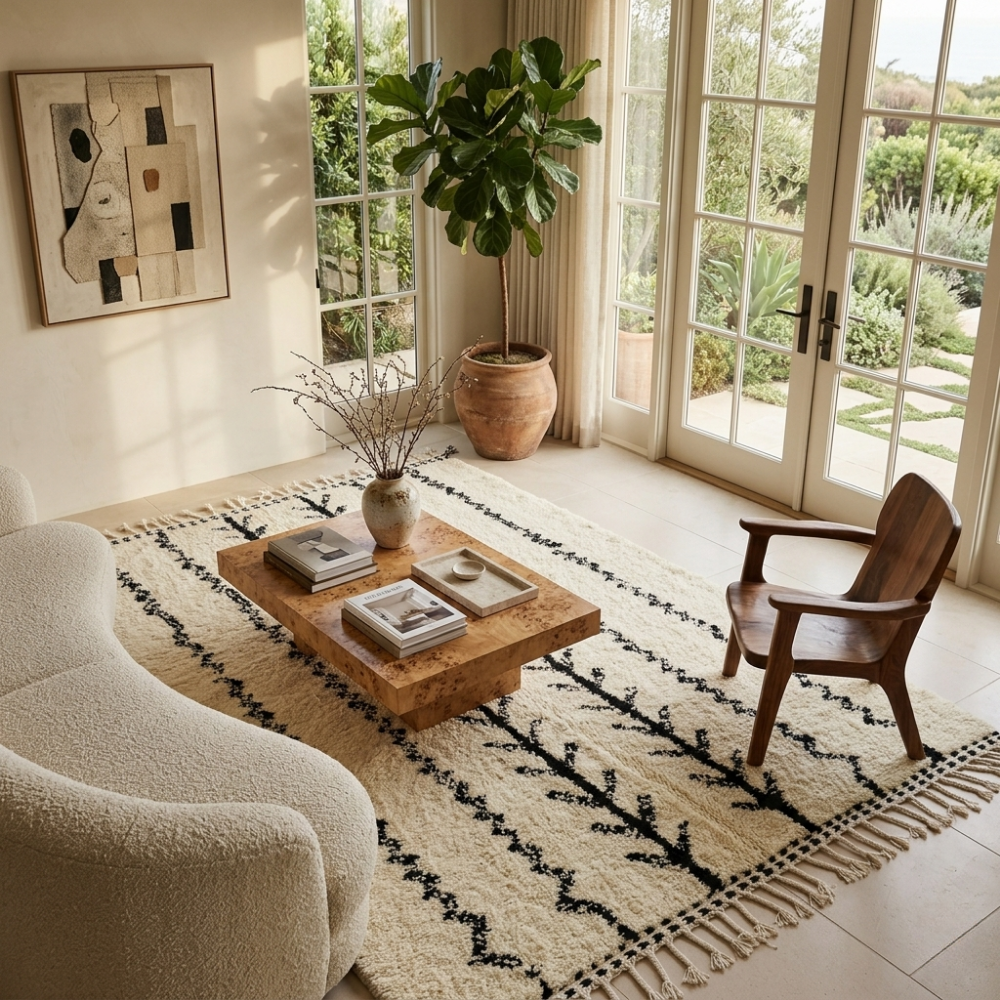 Black tree-branch motif Beni Ourain rug in a modern living room