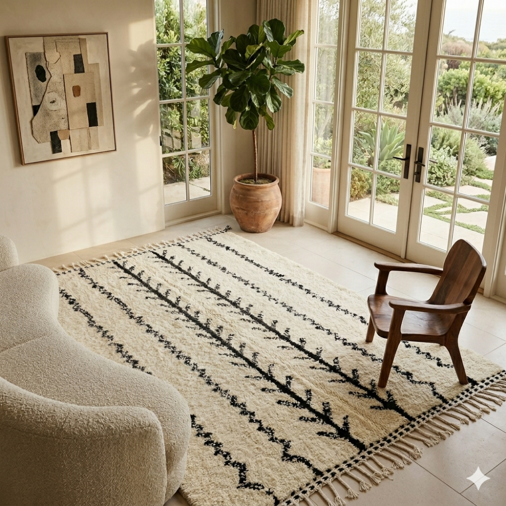 Ivory and black branch column Beni Ourain rug in a bright contemporary room