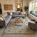 Minimal black dash line Beni Ourain rug in a modern living room