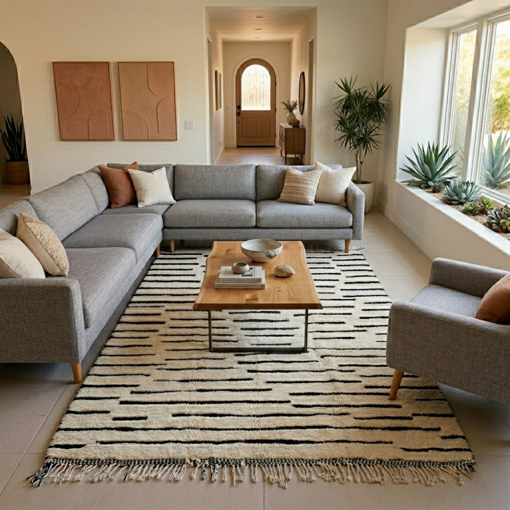 Minimal black dash line Beni Ourain rug in a modern living room