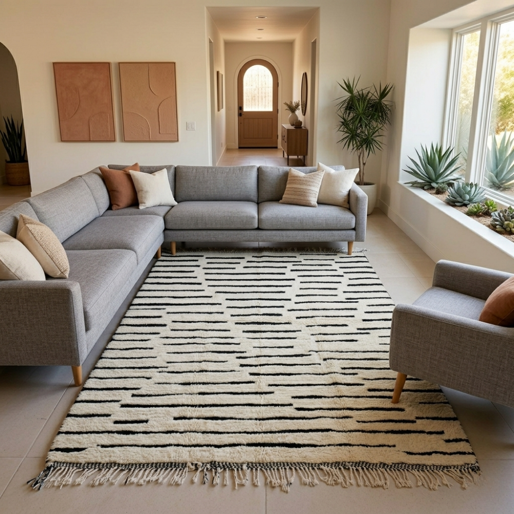 Ivory and black dash Beni Ourain rug in a bright contemporary room