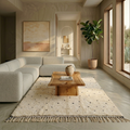 Plush ivory Beni Ourain rug with scattered black dots in a modern bedroom