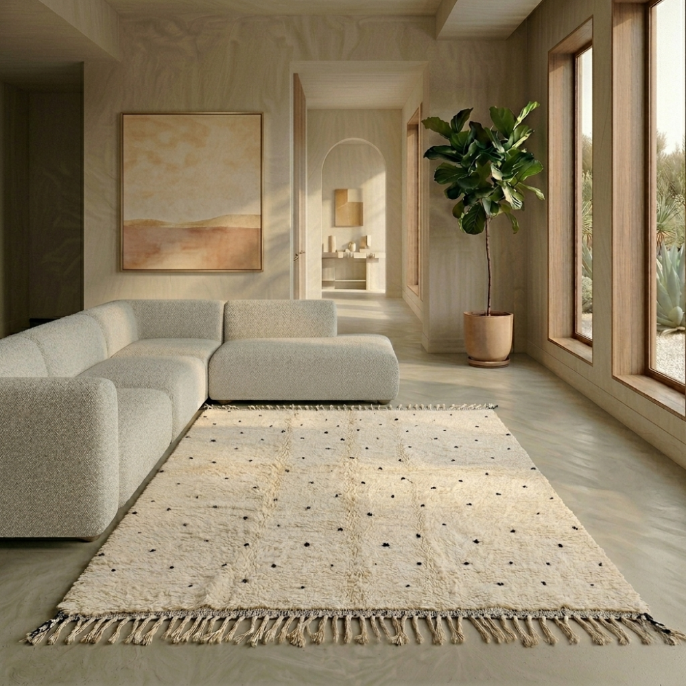 Ivory and black dot Beni Ourain rug in a bright contemporary living room