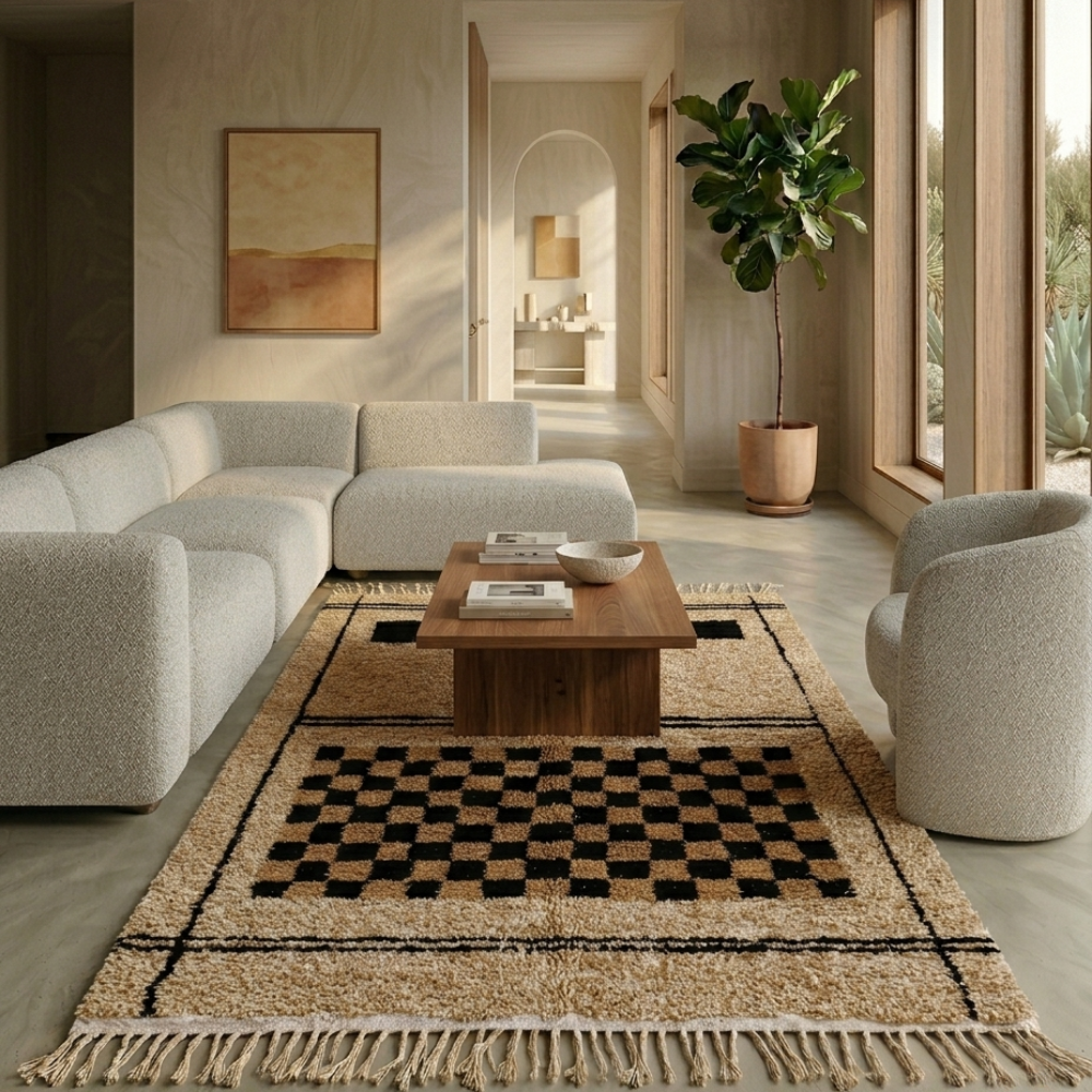Black and ivory checkerboard Beni Ourain rug in a modern living room