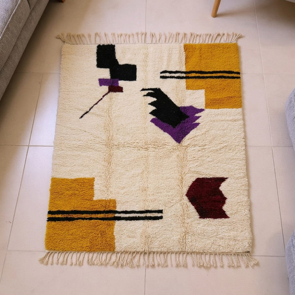 Beni Ourain Ivory, Mustard & Purple Abstract Wool Rug