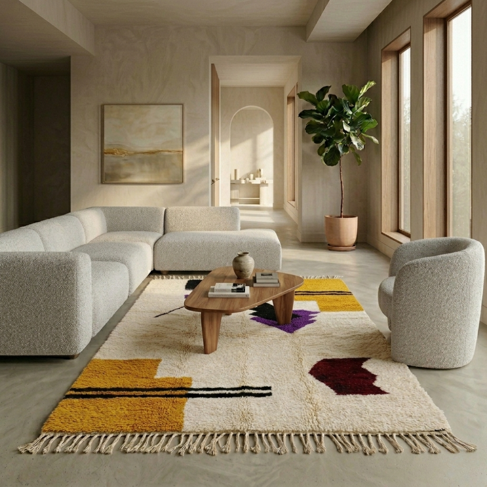 Mustard and purple abstract Beni Ourain rug in a modern living room