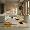 Abstract art Beni Ourain rug with mustard and purple accents in a contemporary room
