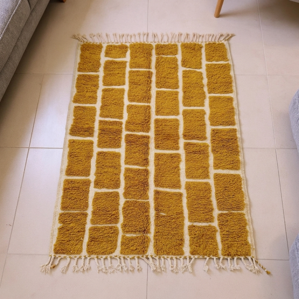 Beni Ourain Ivory & Mustard Brick Grid Wool Rug
