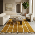 Mustard brick grid Beni Ourain rug in a warm modern living room