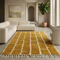 Golden mustard Beni Ourain rug with brick grid pattern in a bright room