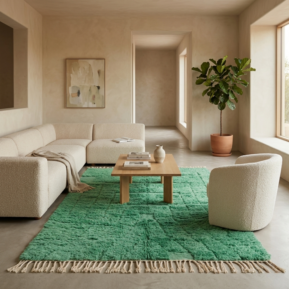 Solid sage green Beni Ourain rug in a calm modern living room