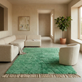 Plush sage green Beni Ourain rug in a serene contemporary bedroom