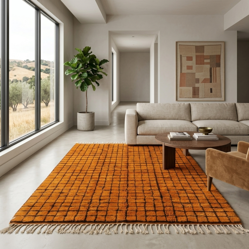 Rust orange grid Beni Ourain rug in a warm modern living room