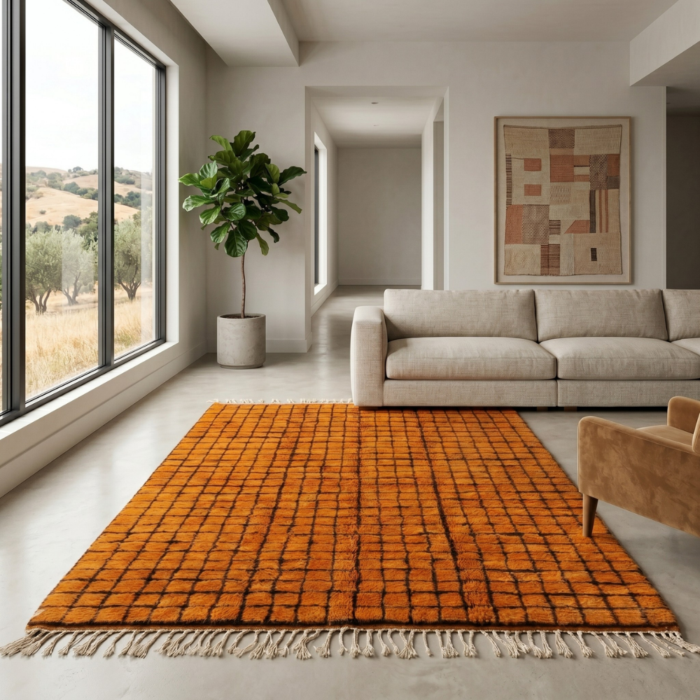 Terracotta and black grid Beni Ourain rug in a cosy contemporary room