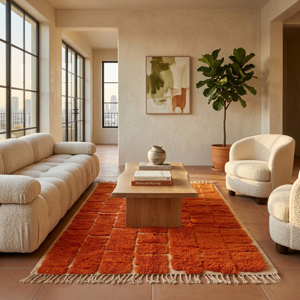 Rust brick grid Beni Ourain rug in a warm modern living room