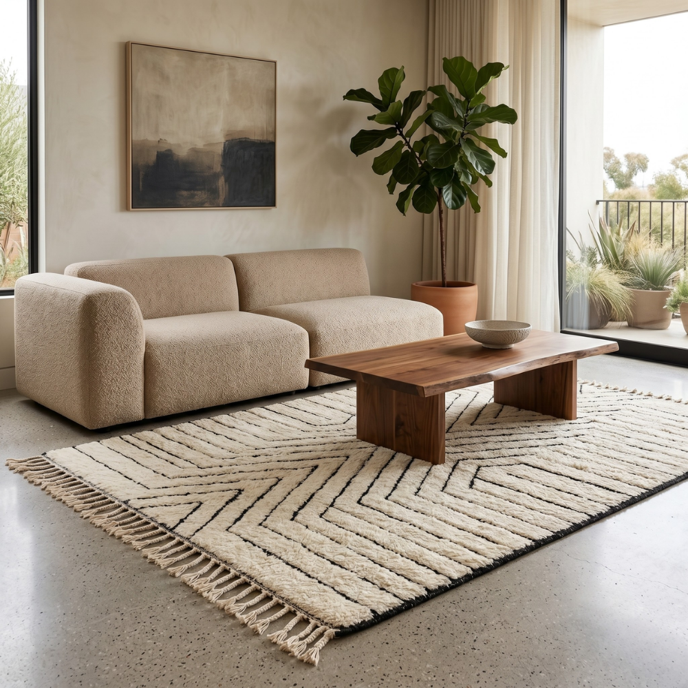 Concentric chevron diamond Beni Ourain rug in a modern living room