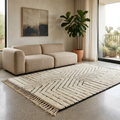 Black and ivory chevron diamond Beni Ourain rug in a bright contemporary room