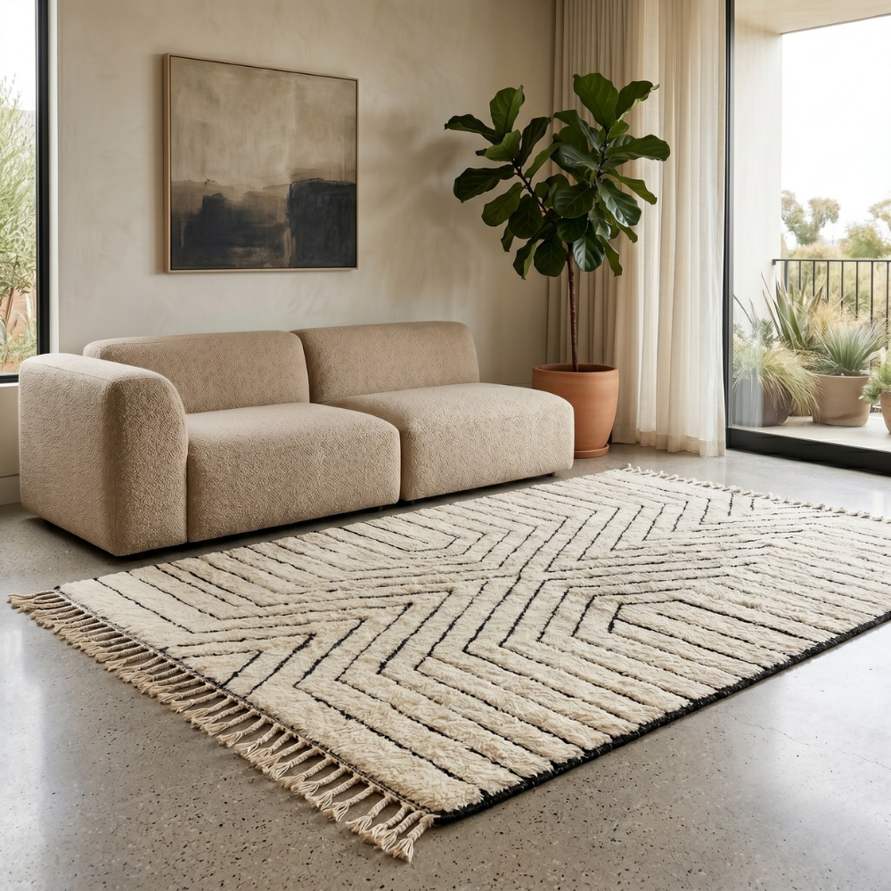 Black and ivory chevron diamond Beni Ourain rug in a bright contemporary room