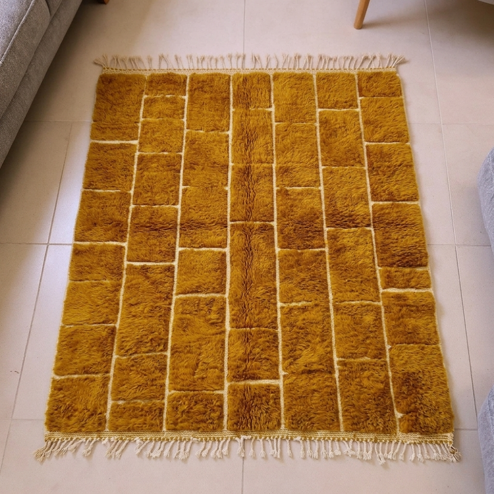 Beni Ourain amber and ivory brick grid wool rug, shown flat