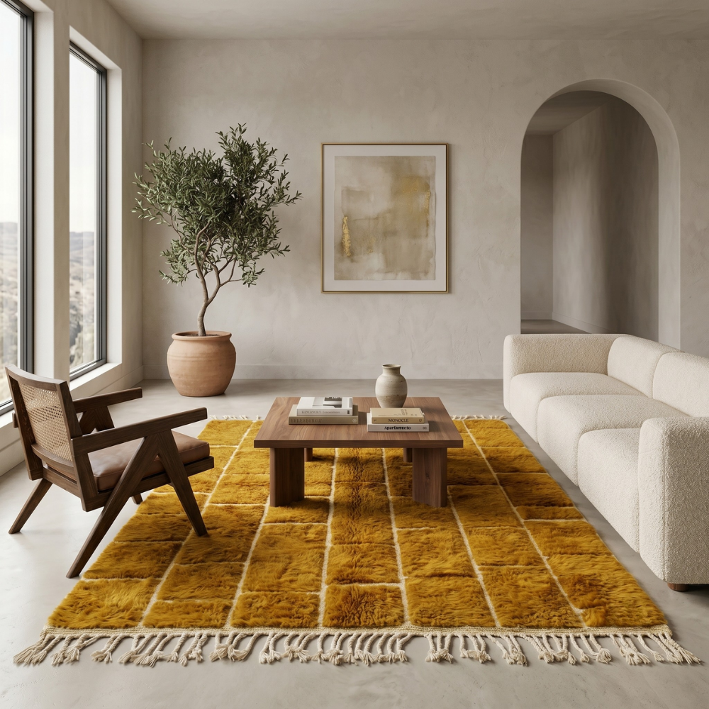 Amber brick grid Beni Ourain rug in a warm modern living room