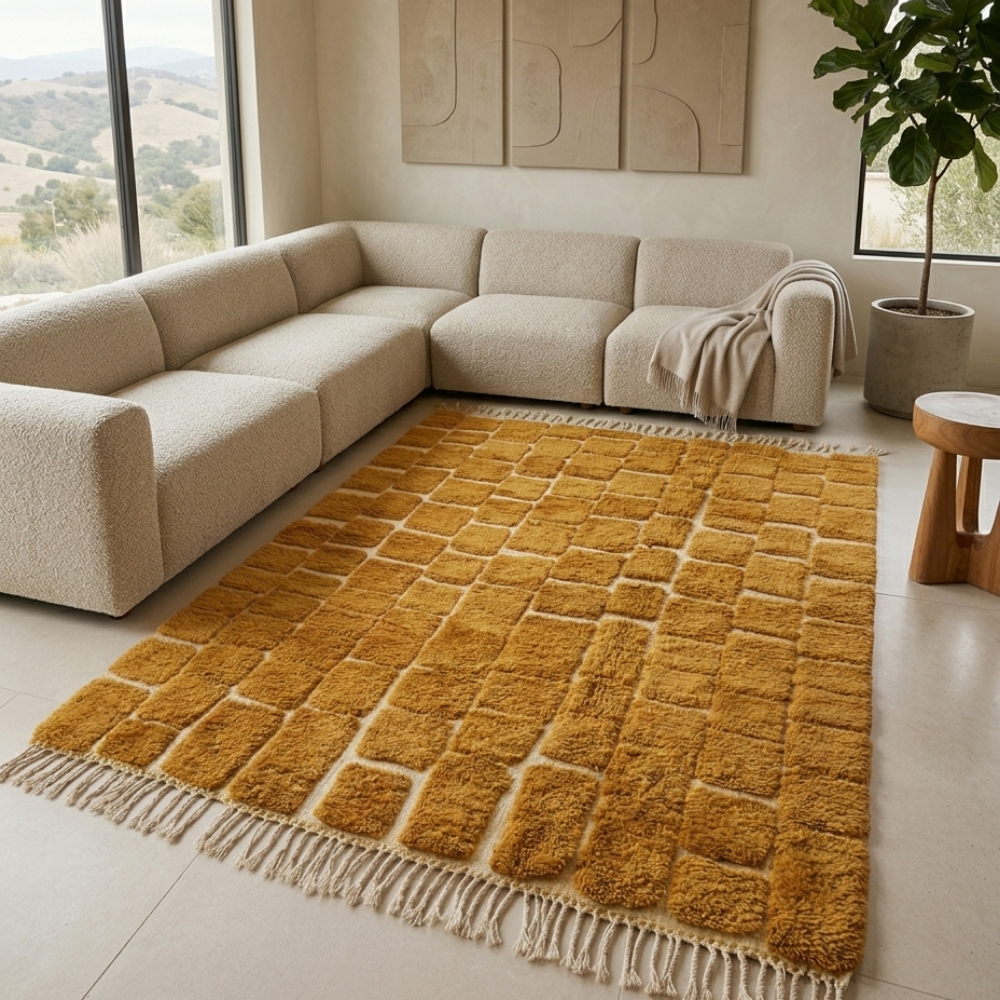 Golden caramel Beni Ourain rug with brick grid in a cosy contemporary room