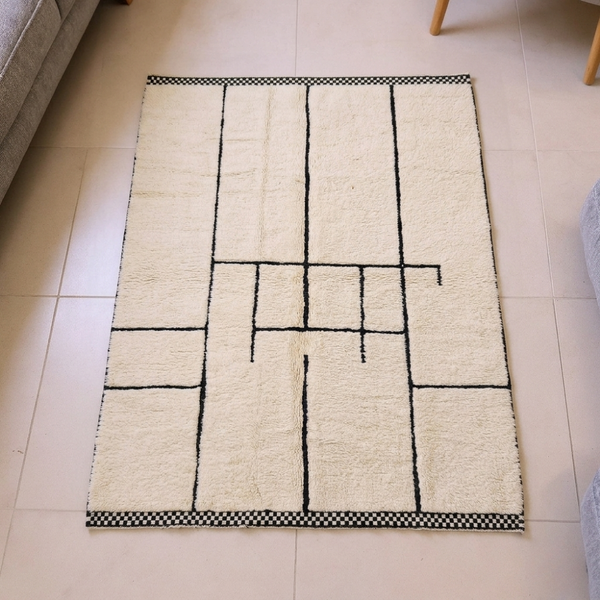 Beni Ourain Ivory & Black Line Art Wool Rug