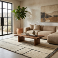 Minimal black line-art Beni Ourain rug in a modern living room