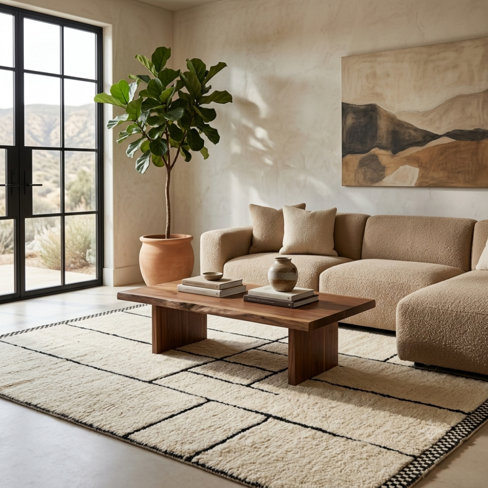 Minimal black line-art Beni Ourain rug in a modern living room