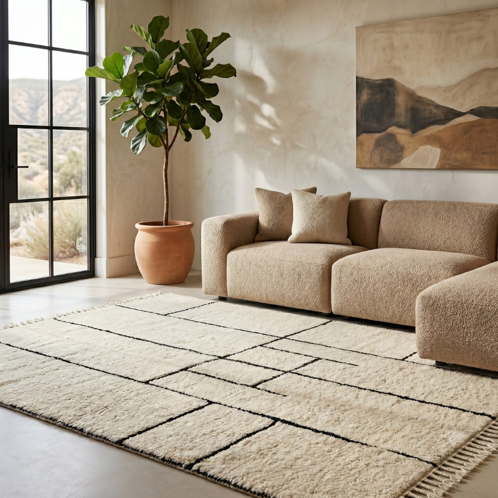 Ivory and black abstract line Beni Ourain rug in a bright contemporary room