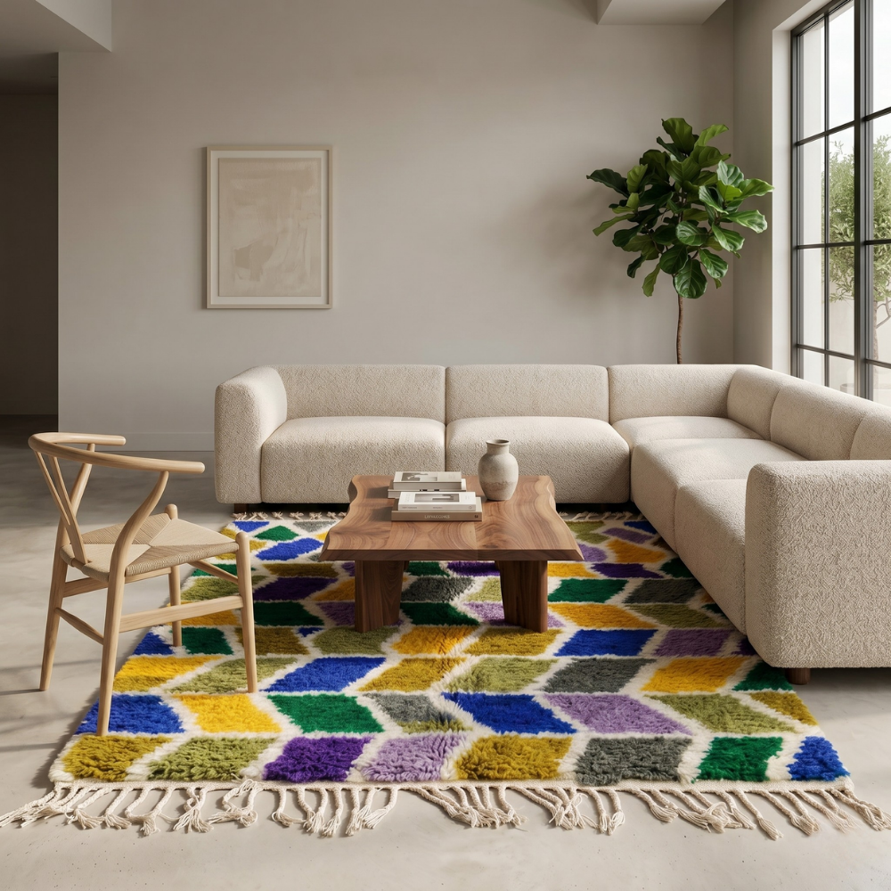Colourful chevron Beni Ourain rug in a bright modern living room