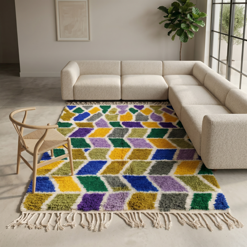 Multicolor zigzag Beni Ourain rug adding colour to a contemporary room