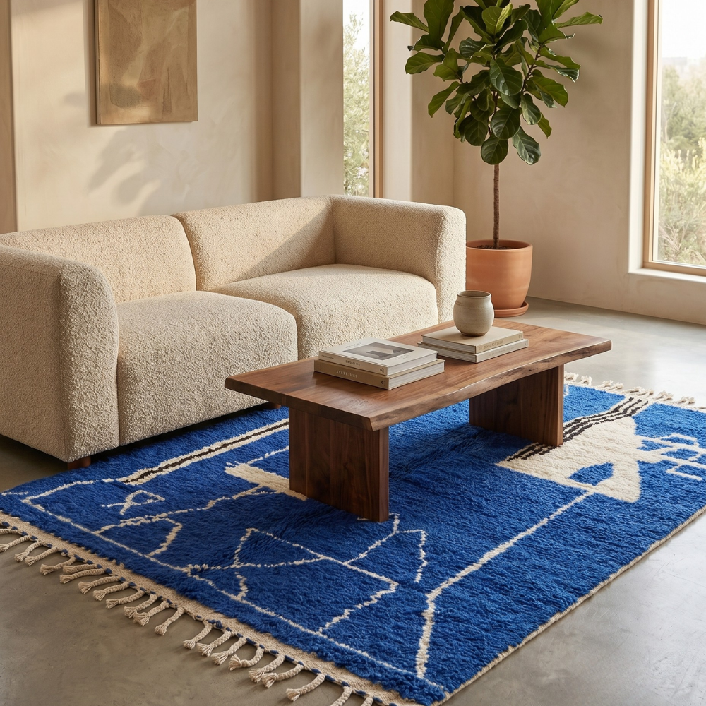 Cobalt blue abstract Beni Ourain rug in a modern living room