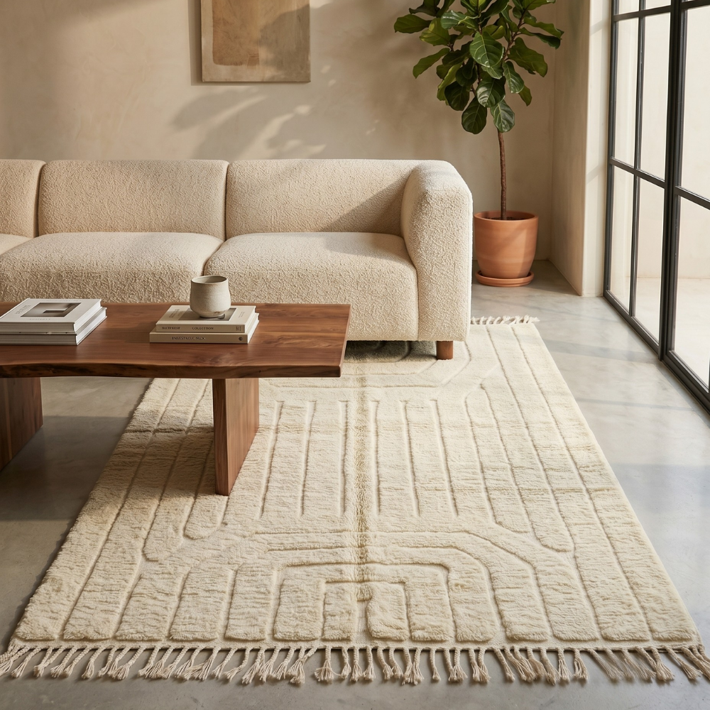 All-ivory textured maze Beni Ourain rug in a calm modern living room