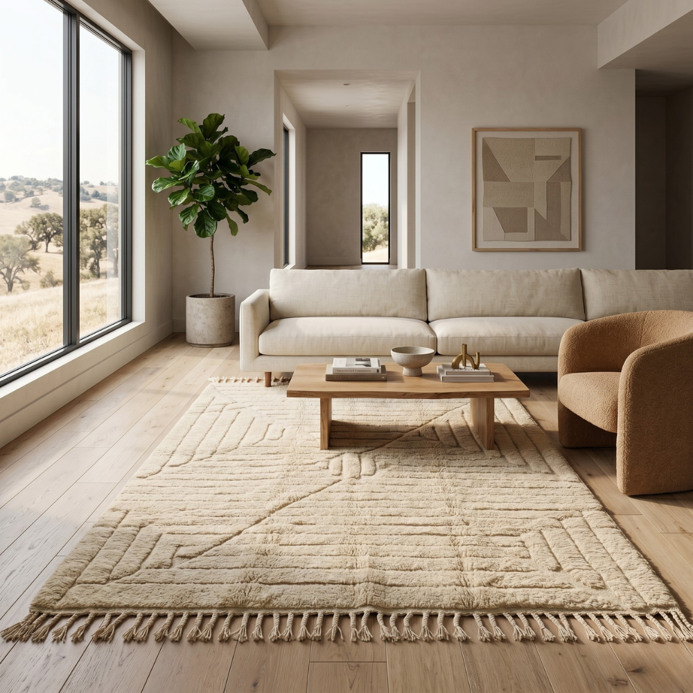 All-ivory textured diamond Beni Ourain rug in a calm modern living room