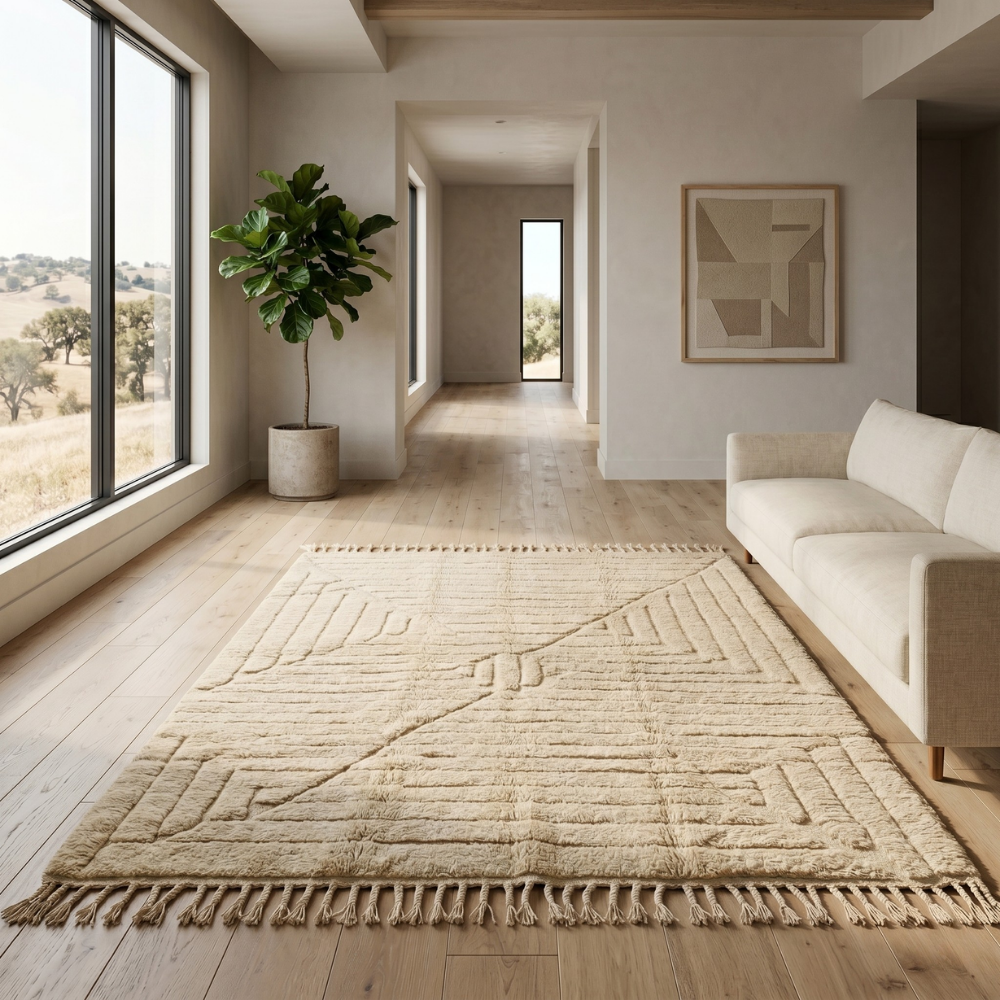 Tone-on-tone ivory Beni Ourain rug with radiating relief in a serene bedroom