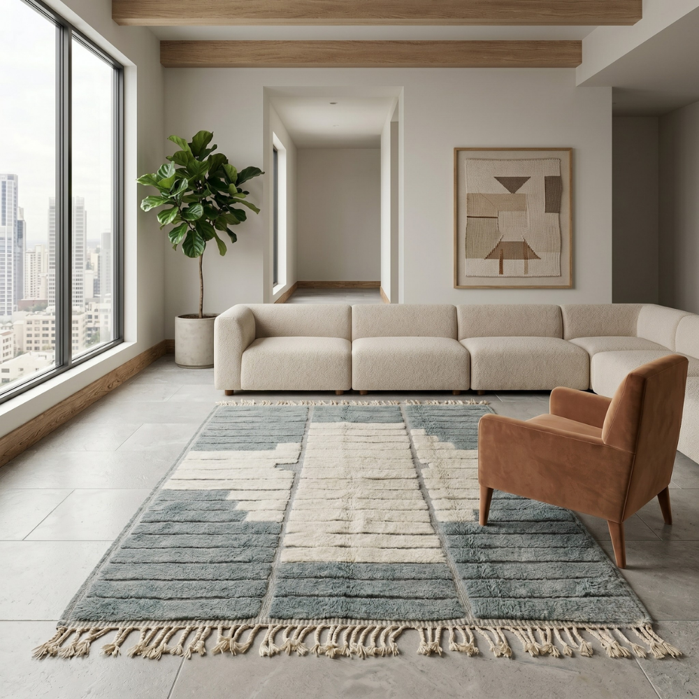 Heathered grey stepped Beni Ourain rug in a calm contemporary room