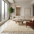 All-ivory textured frame Beni Ourain rug in a calm modern living room