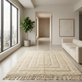 Tone-on-tone ivory Beni Ourain rug with concentric relief in a serene bedroom