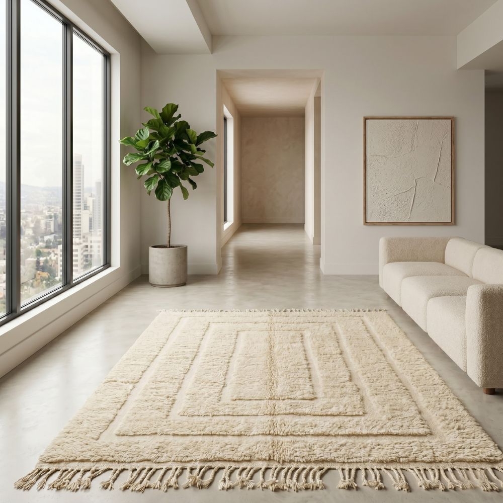 Tone-on-tone ivory Beni Ourain rug with concentric relief in a serene bedroom