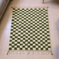 Beni Ourain green and ivory checkerboard wool rug, shown flat