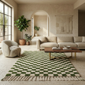 Green and ivory checkerboard Beni Ourain rug in a fresh modern living room